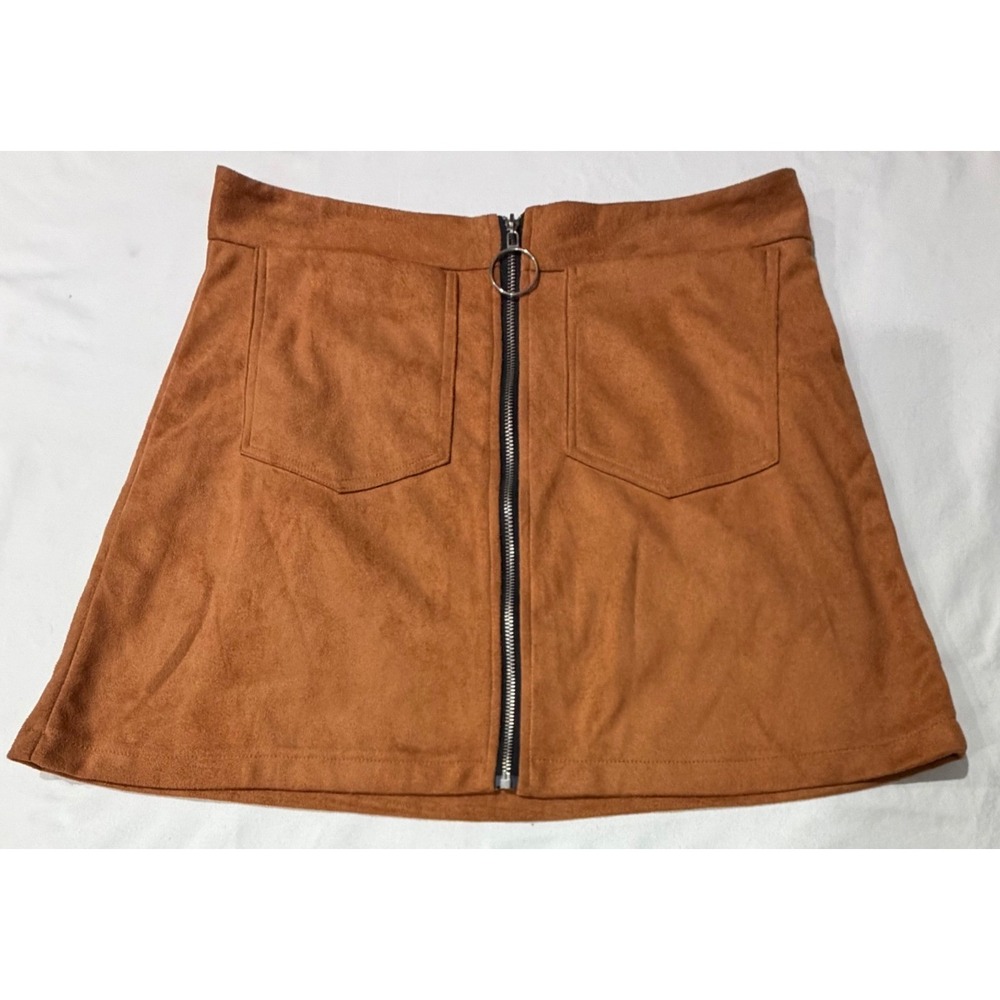 SHEIN Women Brown Faux Suede A-Line Mini Skirt Front Zip O-Ring XL 12